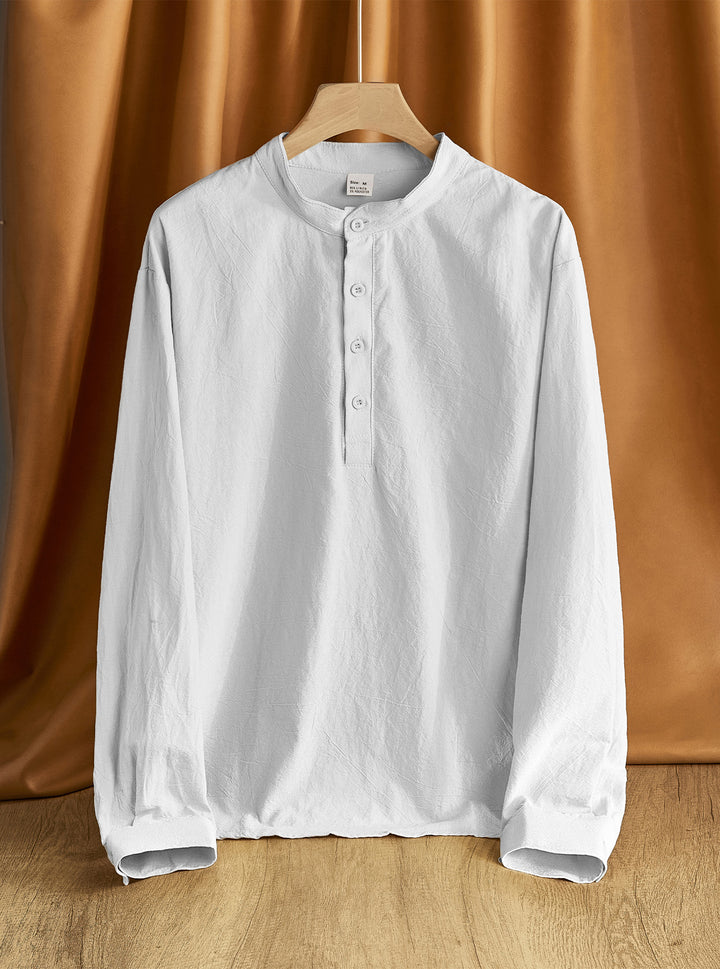 Herren Leinen-Mix Langarmshirt Henley mit Stehkragen Echoarchiv