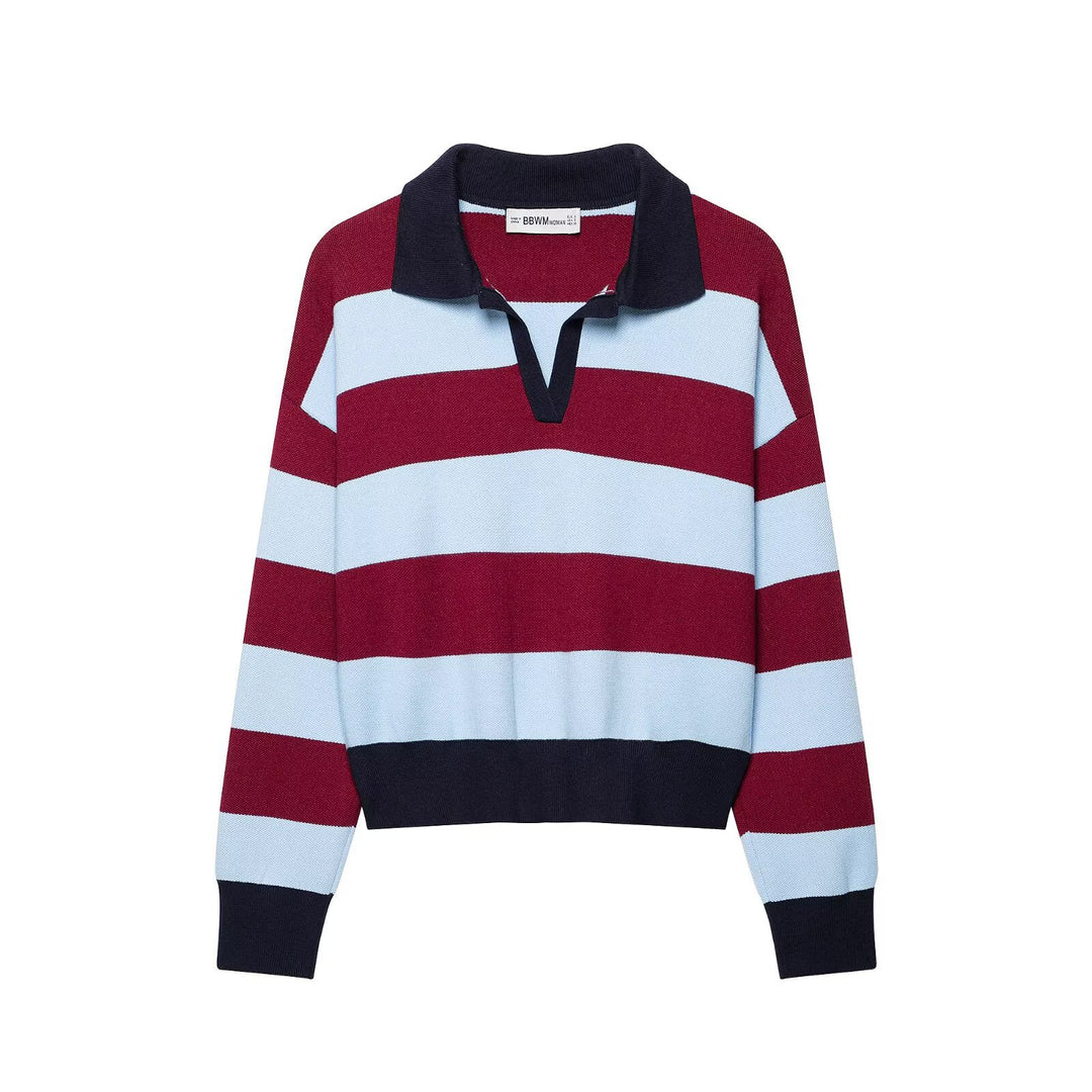 Damen Gestreifter Rugby-Pullover mit Polokragen und V-Ausschnitt Echo Archiv