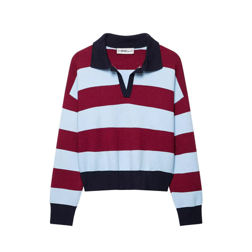 Damen Gestreifter Rugby-Pullover mit Polokragen und V-Ausschnitt Echo Archiv