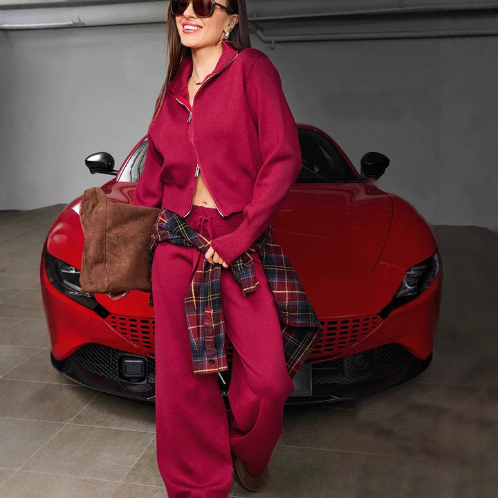 Damen nan gestricktes Loungewear-Zweiteiler mit kurzem Reißverschluss-Cardigan und weitem Highwaist-Hosenbein Echo Archiv