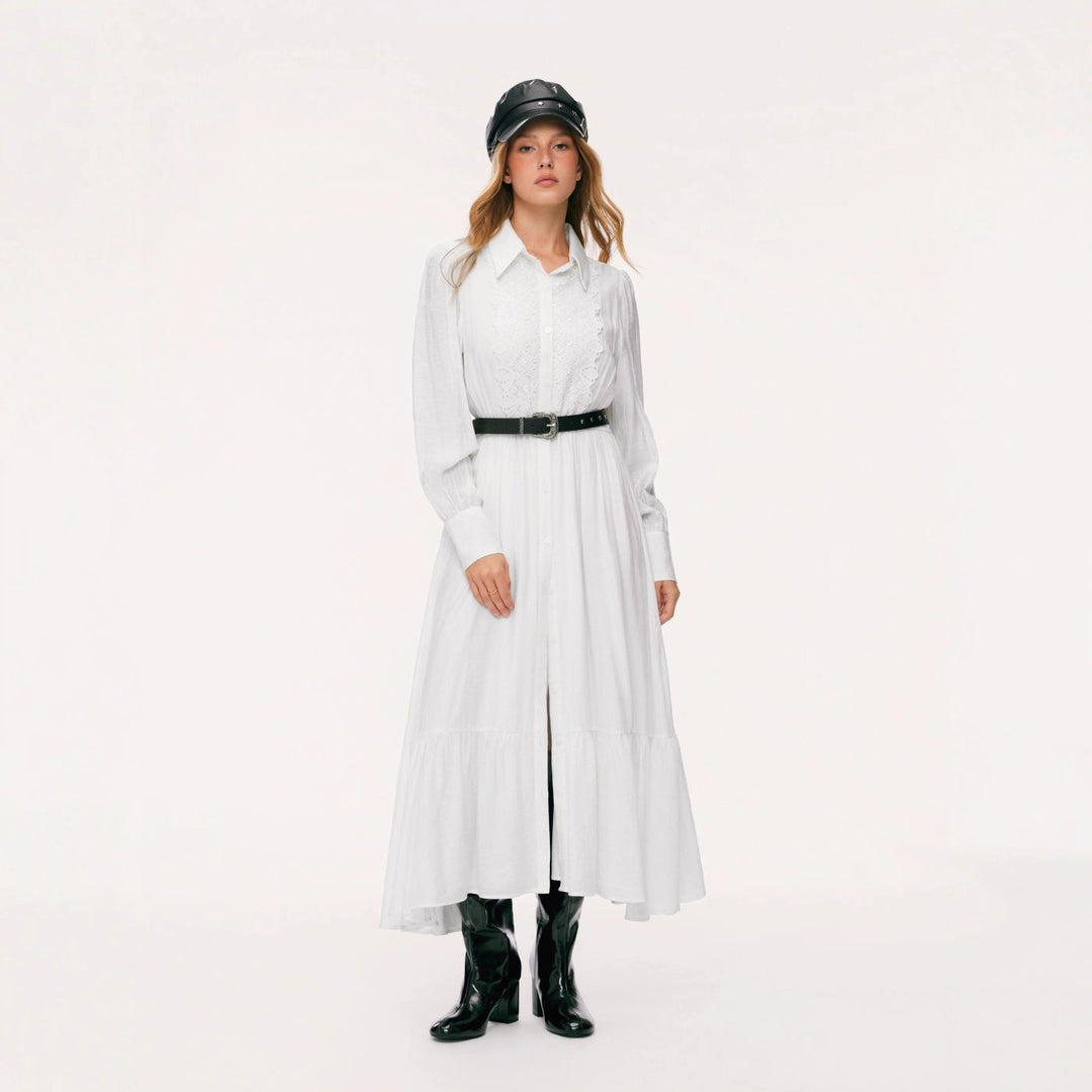 Damen Langes Hemdblusenkleid mit Spitzenbesatz, Taillierung und Stufenrock – Valéora