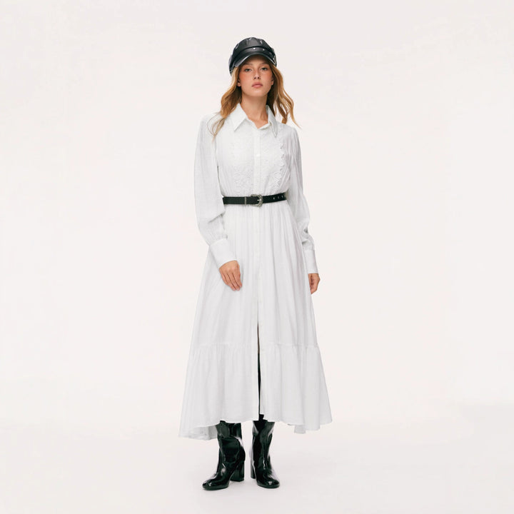 Damen Langes Hemdblusenkleid mit Spitzenbesatz, Taillierung und Stufenrock – Valéora