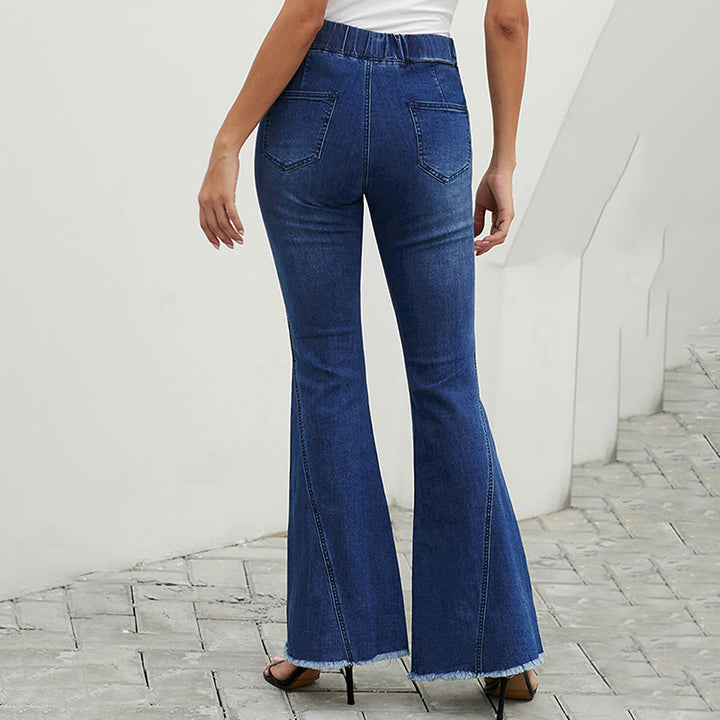 Damen hochtaillierte ausgestellte Denim-Hose mit elastischem Tunnelzugbund, Ziernähten und rohem Saum Echo Archiv