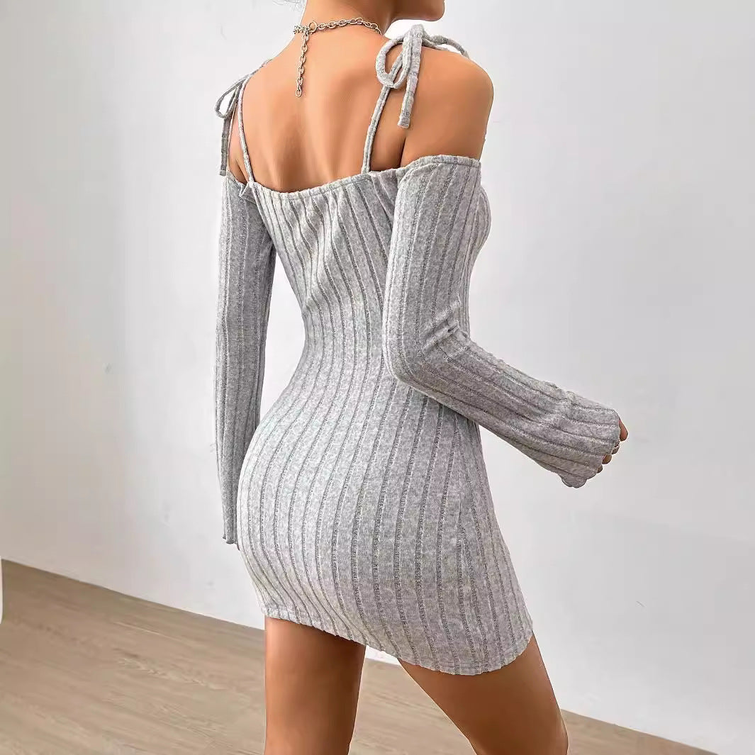 Damen geripptes One-Shoulder-Strickminikleid mit Bindeträgern taillierter Bodycon-Passform – Élara