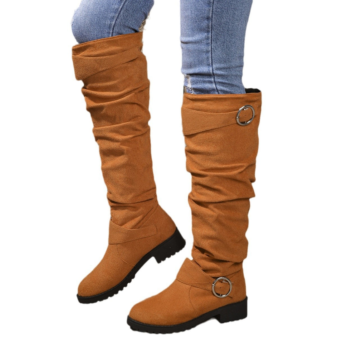 Damen kniehohe Slouch-Stiefel aus Wildlederoptik mit dekorativer Schnalle und rutschfester Profilsohle Echo Archiv