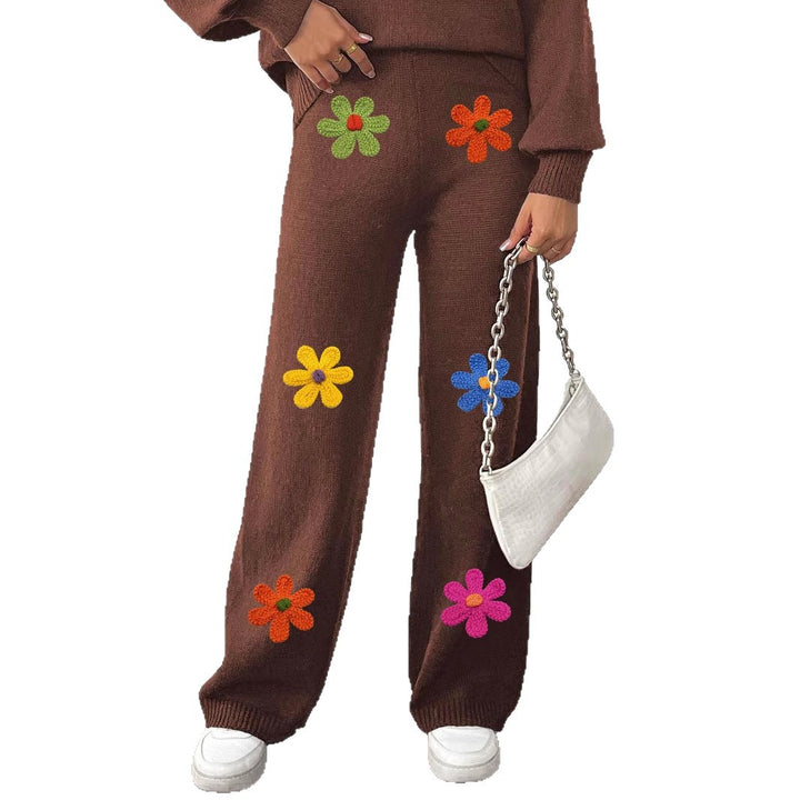 Damen lässige Strickhose mit bunten Blumenapplikationen Echo Archiv