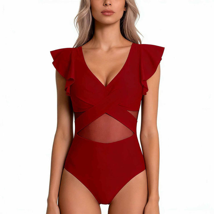 Damen Eleganter Badeanzug mit raffinierten Rüschendetails und transparenter Einsätzen Echo Archiv