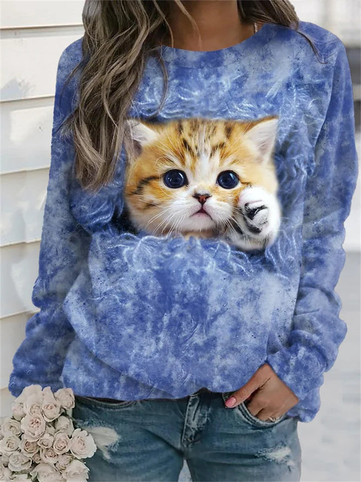 Damen Gemütlicher Übergroßer Fleece-Pullover mit Großem Welpenfoto-Print Echoarchiv