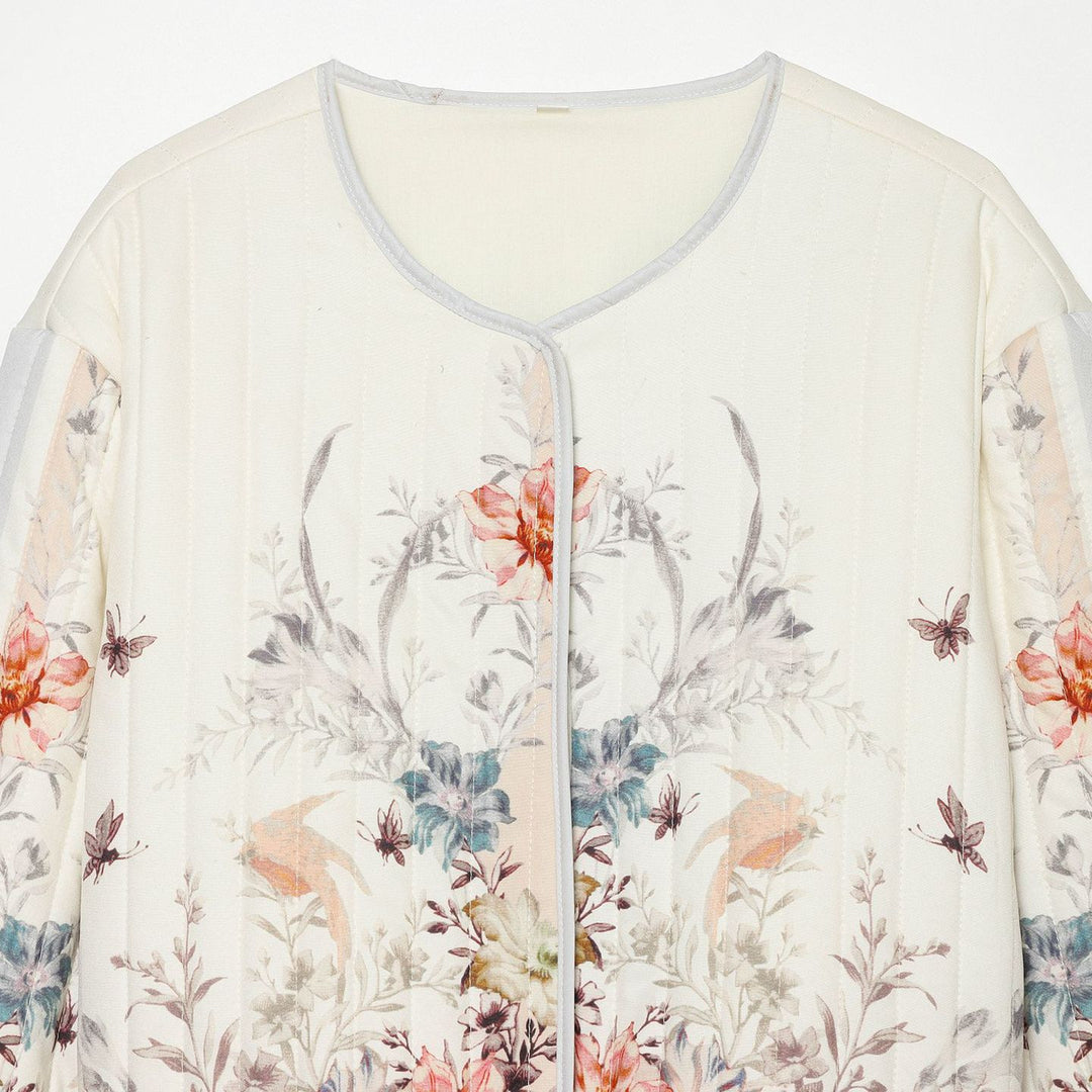 Damen Gestepptes Cropped Übergangsjacke mit floraler Allover-Print und Rundhalsausschnitt Echoarchiv