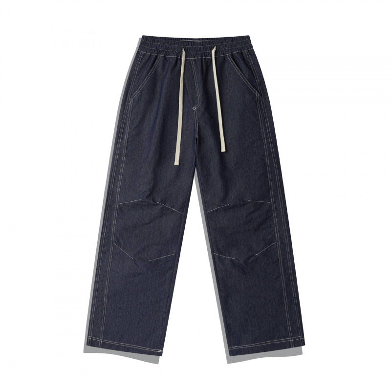 Unisex Weite Denim-Hose mit elastischem Bund, Kordelzug und gesteppter Kniepasse Echo Archiv