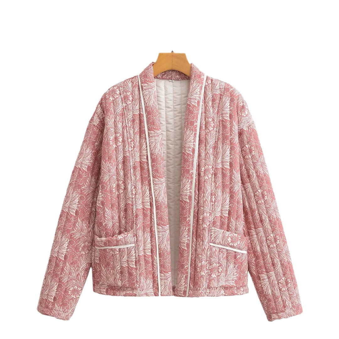 Damen Leichte gesteppte Jacke im Kimono-Stil mit floralem Blockdruck und Kontrastpaspel Echo Archiv