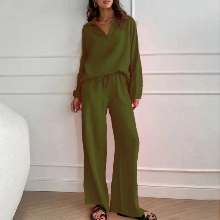 Damen Leichtes Crinkle-Lounge-Set mit V-Ausschnitt und weiter High-Waist-Hose Echo Archiv