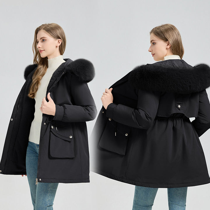Damen Midilanger Thermoparka mit Teddy-Innenfutter, abnehmbarem Kunstpelzkragen und Taillenregulierung Echo Archiv