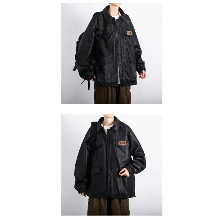 Unisex Oversized Utility Lederimitat Jacke mit Mehreren Klappentaschen Echoarchiv