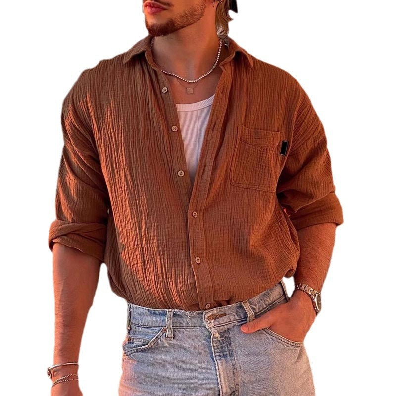 Herren Texturiertes Baumwoll-Gauze-Hemd mit Brusttasche und Relaxed Fit Echoarchiv