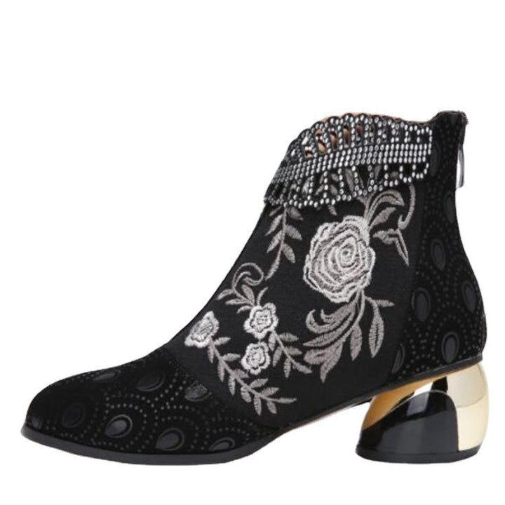 Damen nan bestickte Ankle-Boots mit Samteinsatz Perlenbesatz und skulptiertem Blockabsatz Echo Archiv