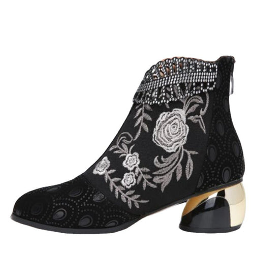 Damen nan bestickte Ankle-Boots mit Samteinsatz Perlenbesatz und skulptiertem Blockabsatz Echo Archiv