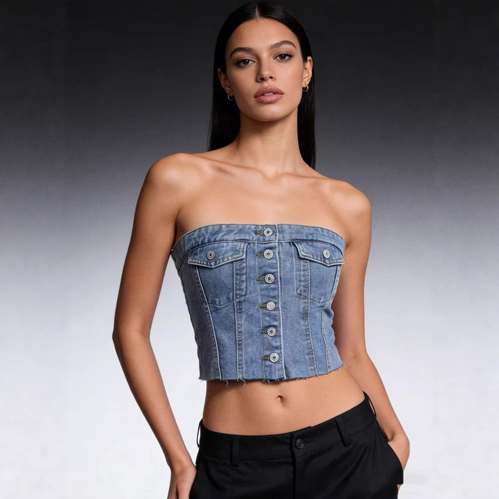 Damen Denim Bustier-Top mit Knopfdetail und Fransen Echo Archiv