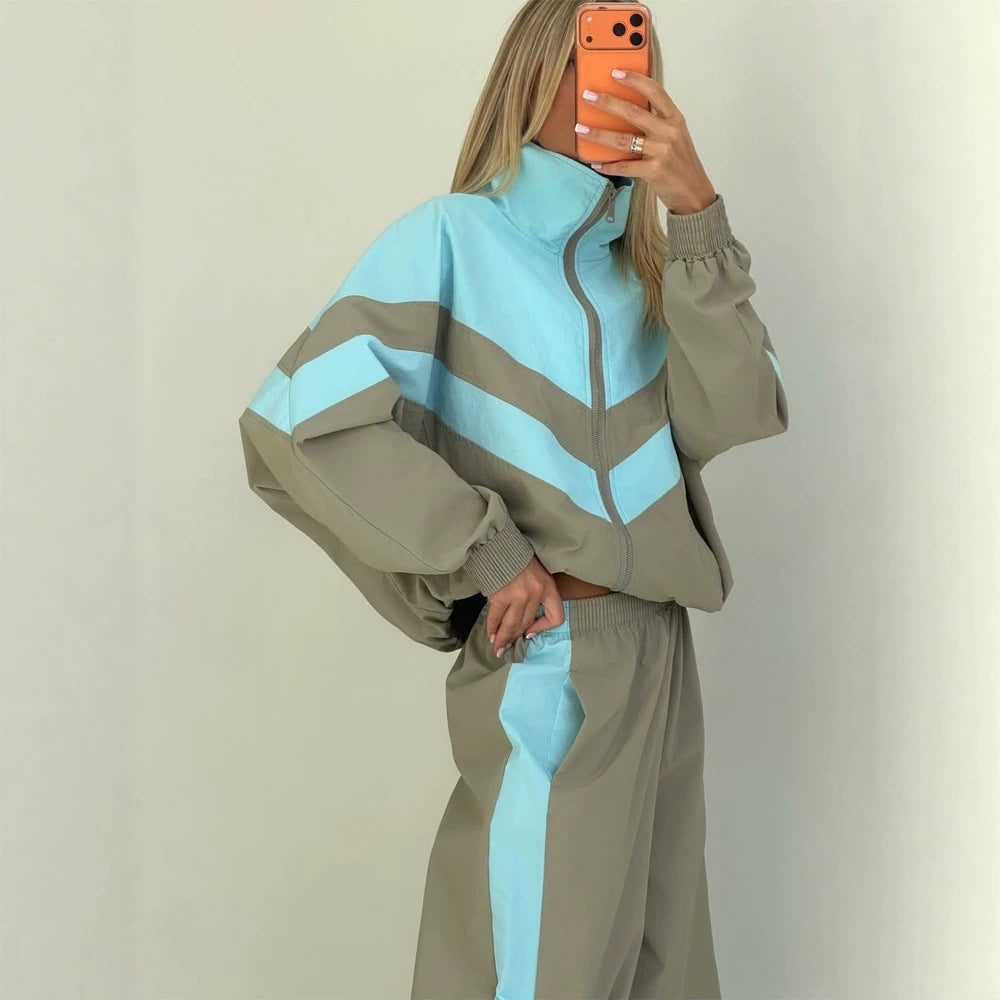 Damen Oversize-Trainingsanzug-Set mit Stehkragen und Kontraststreifen Echoarchiv