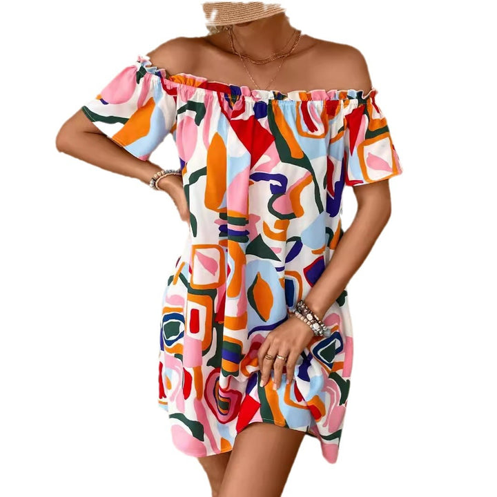 Damen nan schulterfreies A-Linien-Minikleid mit elastischem Smokkragen und Volantärmeln Echo Archiv