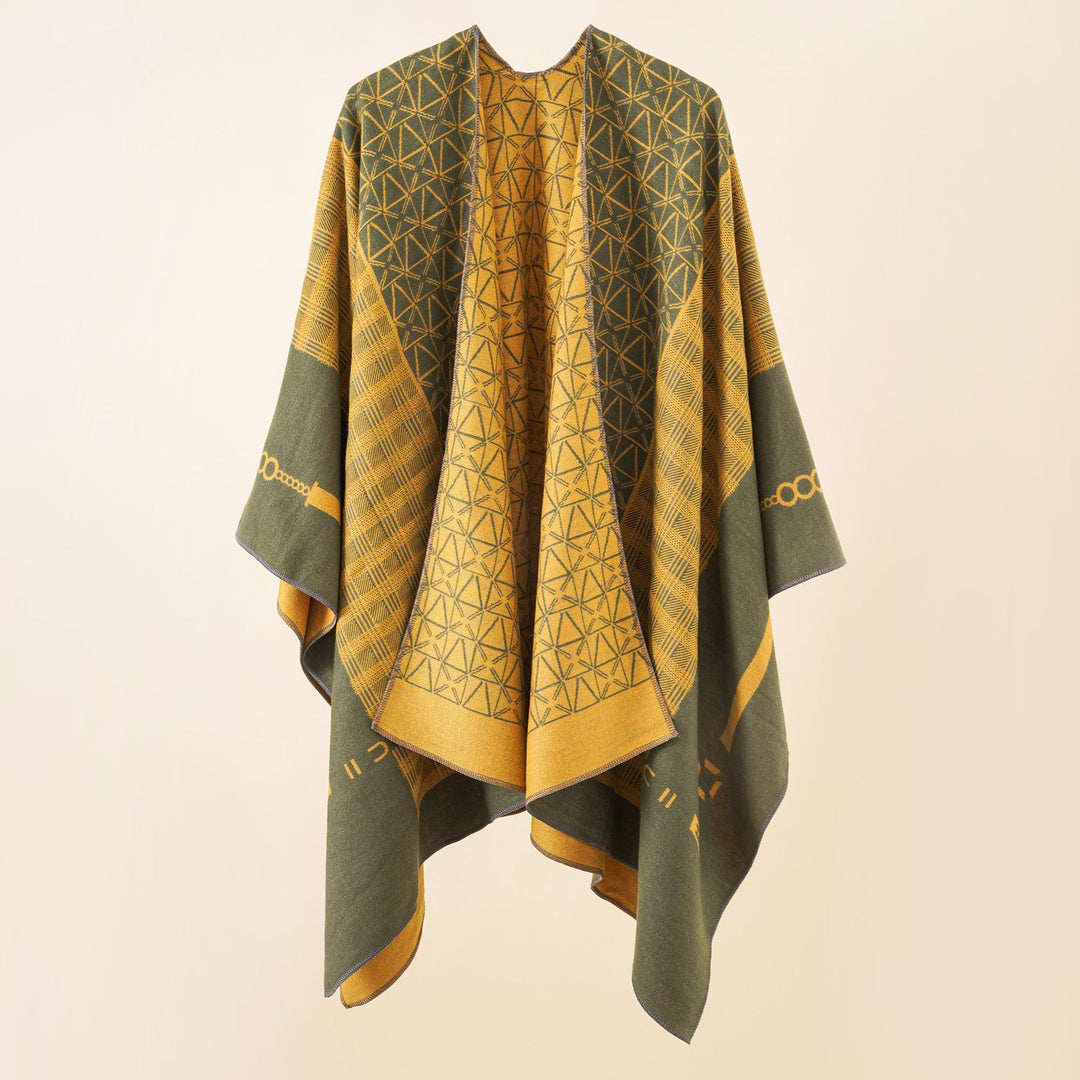 Damen Geometrisches Jacquard-Ruana-Cape aus Wollmix mit offener Kimono-Silhouette – Montévia