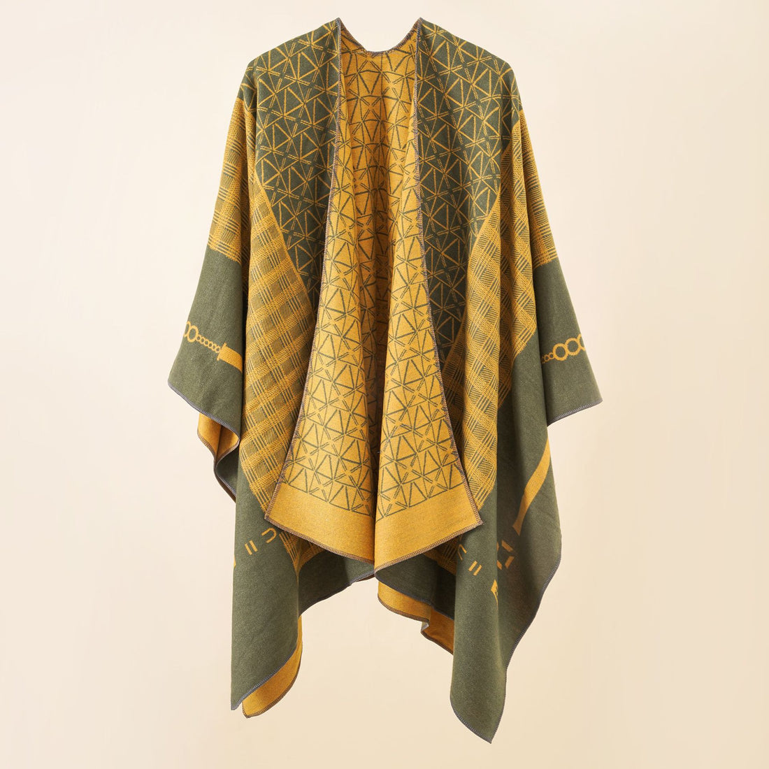 Damen Geometrisches Jacquard-Ruana-Cape aus Wollmix mit offener Kimono-Silhouette – Montévia