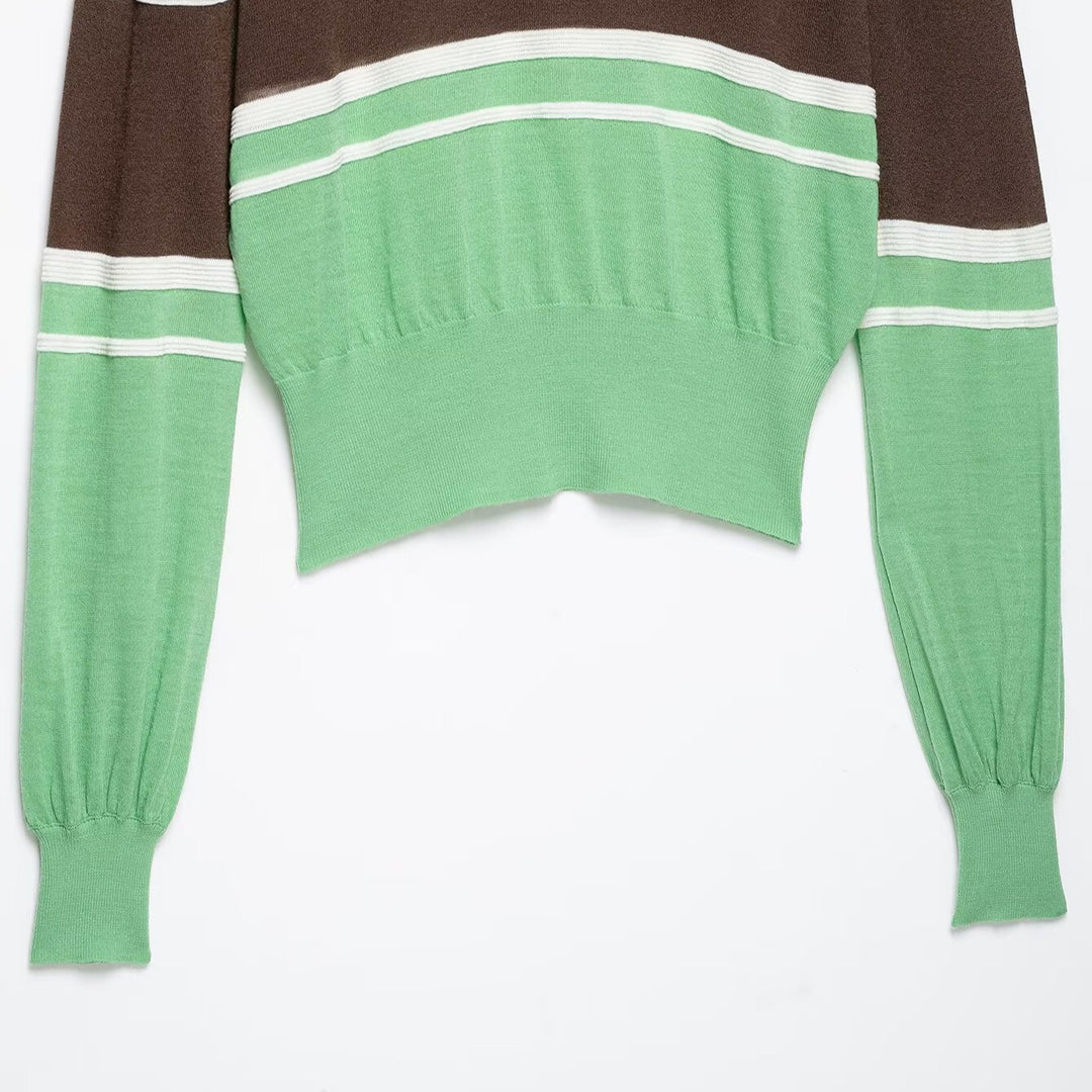 Damen Cropped Poloshirt-Strickpullover mit Rugby‑Streifen, Hemdkragen und geripptem Saum Echoarchiv
