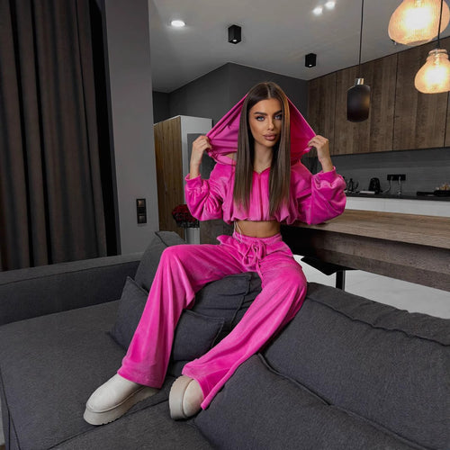 Damen luxuriöses Velours-Cropped-Hoodie und High-Waist Weite Jogginghose Set – Auréline