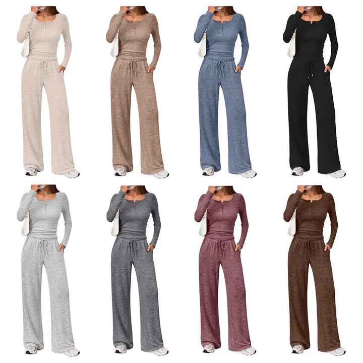 Damen Zweiteiliges Feinstrick-Lounge-Set mit Henley-Top und Palazzo-Hose Echoarchiv