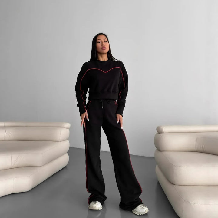 Damen kurzes Oversize-Sweatshirt mit Kordelzug-Jogginghose und Kontrastnähten – Avérine