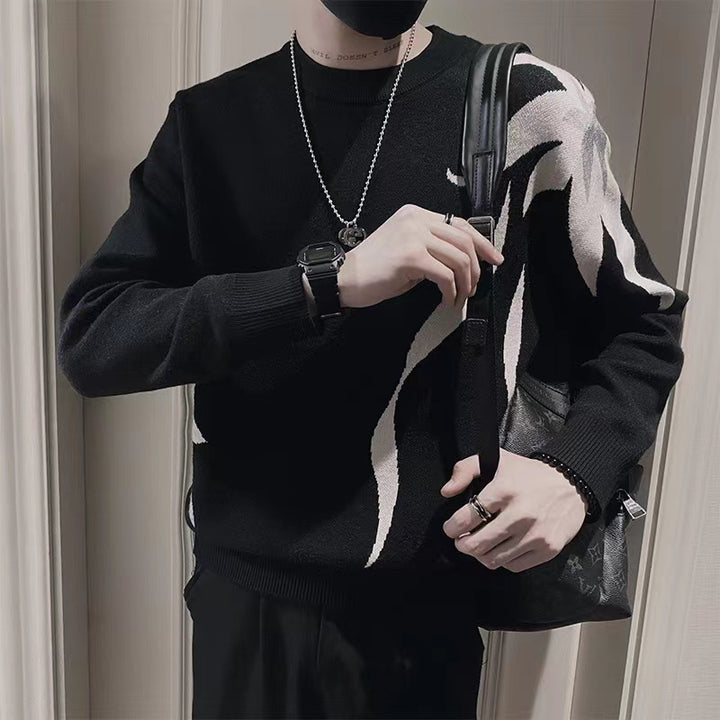 Herren Strickpullover mit abstraktem Flammen‑Jacquard und Rundhalsausschnitt Echoarchiv