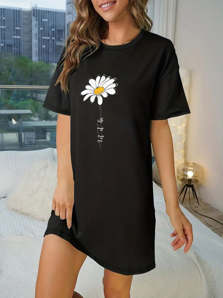 Damen T-Shirt-Kleid mit künstlerischem Blumenmotiv und figurbetontem Schnitt Echo Archiv