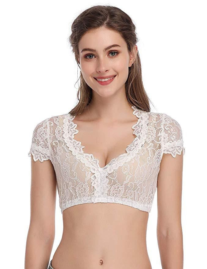 Damen  kurze transparente Spitzenbluse mit V-Ausschnitt und zierlichen Ärmelabschlüssen Echo Archiv