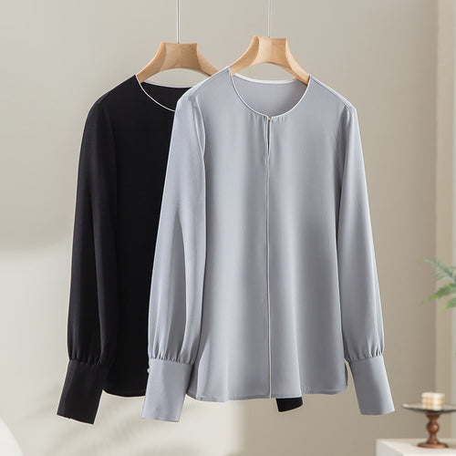 Damen Elegante seidenähnliche Bluse mit Kontrastpaspel und verlängerten Manschetten Echoarchiv