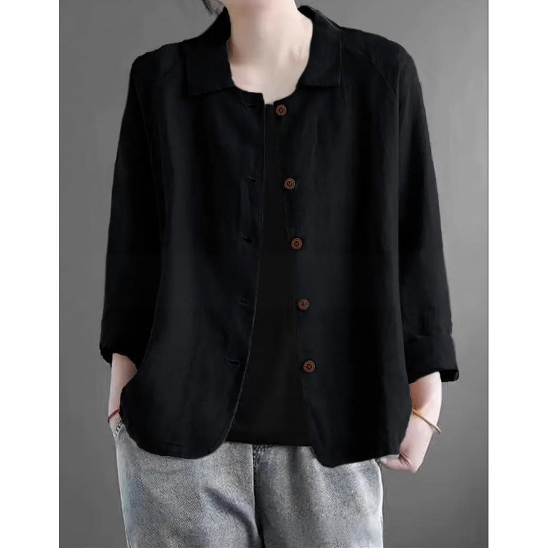 Damen Leichte Leinenoptik-Bluse mit lockerer Passform, 3/4-Ärmeln und Knopfleiste – Élovi