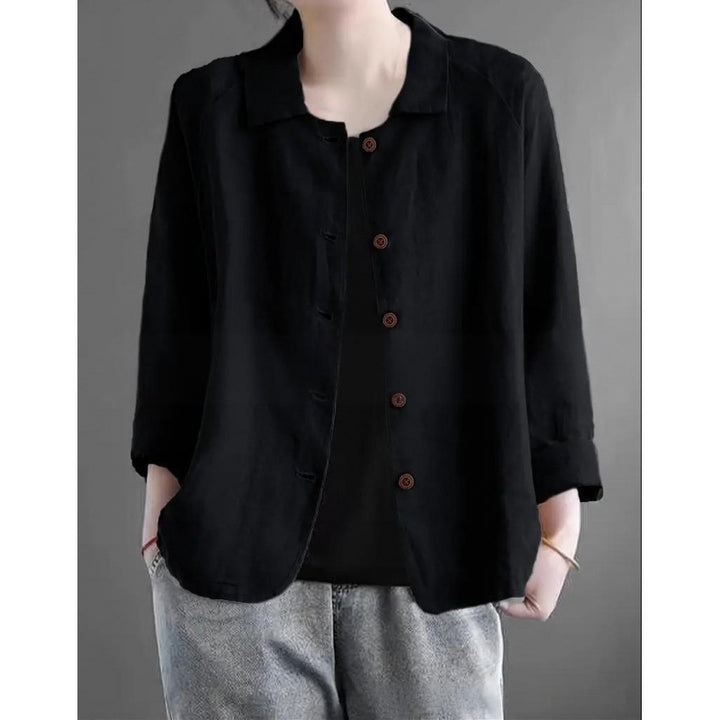 Damen Leichte Leinenoptik-Bluse mit lockerer Passform, 3/4-Ärmeln und Knopfleiste – Élovi