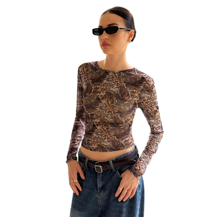 Damen nan schlanker Stretch-Longsleeve aus feinem Mesh mit abstraktem Tiermuster und tailliertem Cropped-Schnitt Echo Archiv