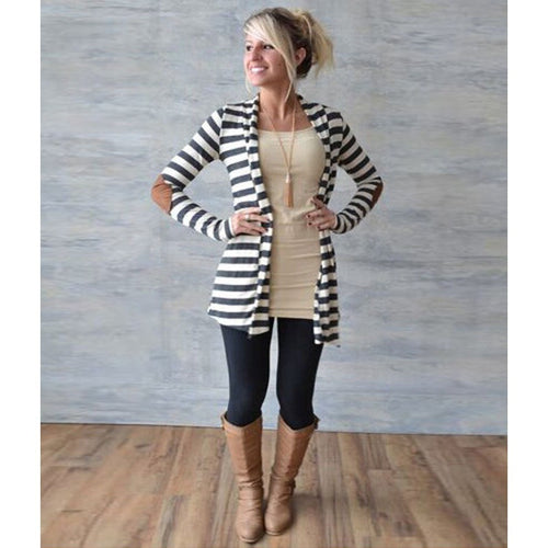 Damen Gestreifter Longcardigan mit offenem Waterfall-Schnitt und Ellbogen-Patches – Veloura