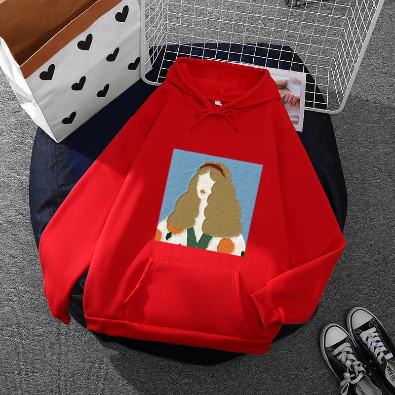 Damen Kapuzenpullover mit kunstvoller Chenille-Stickerei im Portraitstil und Kängurutasche – Auréline