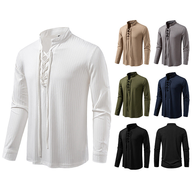 Herren Geripptes Langarm-Henleyshirt mit Schnürung und Stehkragen Echo Archiv