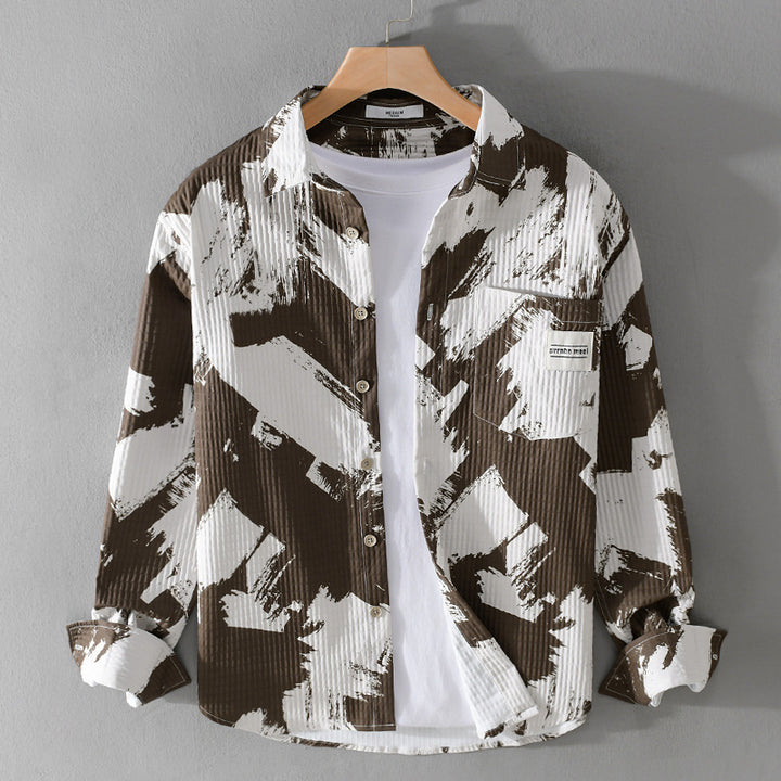 Herren Gekreppte Overshirt‑Hemdjacke mit abstraktem Pinselprint und Brusttasche Echoarchiv