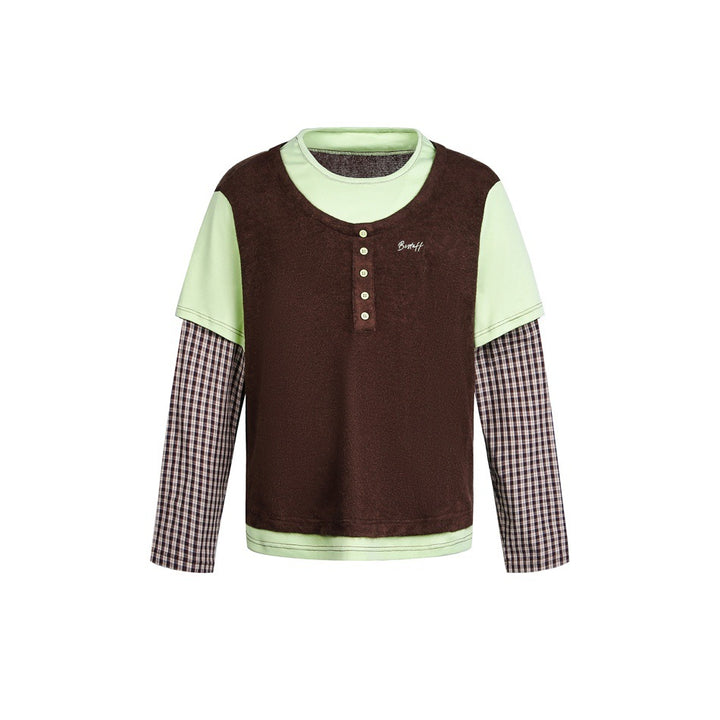 Unisex Lagenlook-Henley-Shirt mit kontrastierenden Karomanschetten und kurzem Overshirt-Effekt Echoarchiv