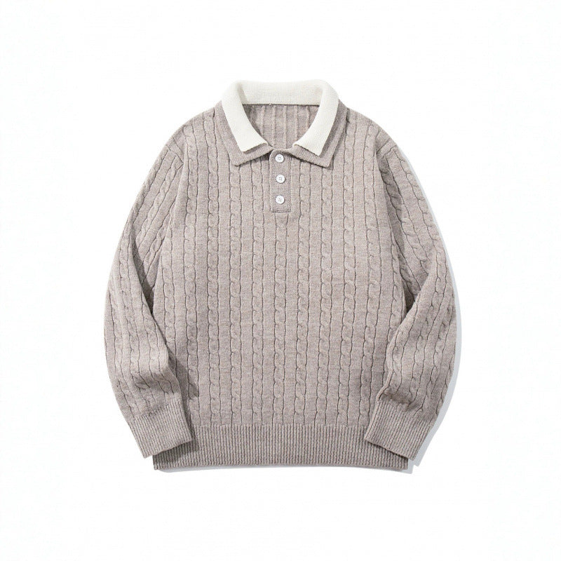 Herren Grobgestrickter Polokragen-Pullover mit Zopfmuster und Knopfleiste Echo Archiv