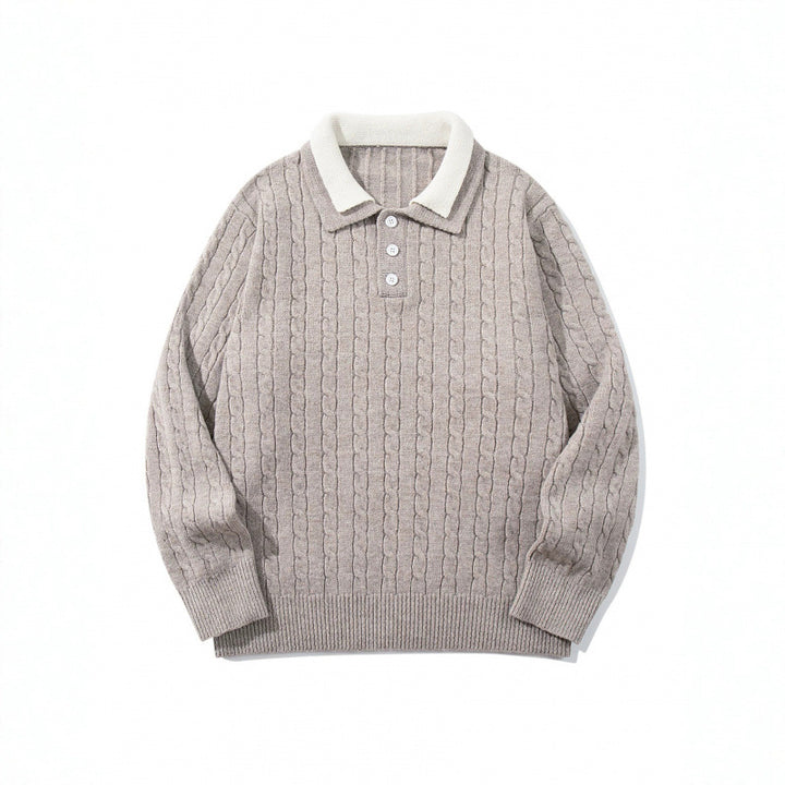 Herren Grobgestrickter Polokragen-Pullover mit Zopfmuster und Knopfleiste Echo Archiv