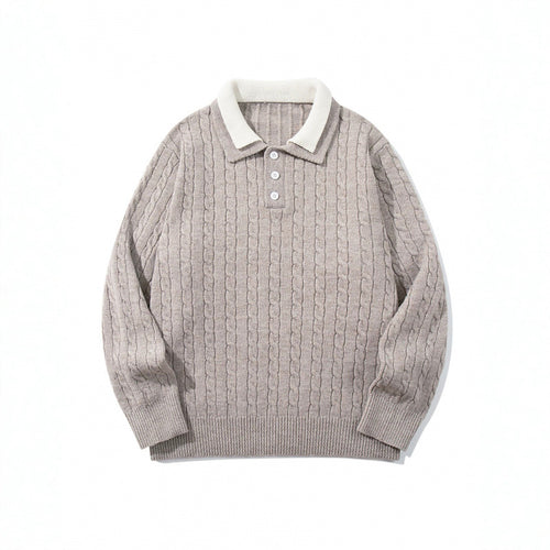 Herren Grobgestrickter Polokragen-Pullover mit Zopfmuster und Knopfleiste Echo Archiv