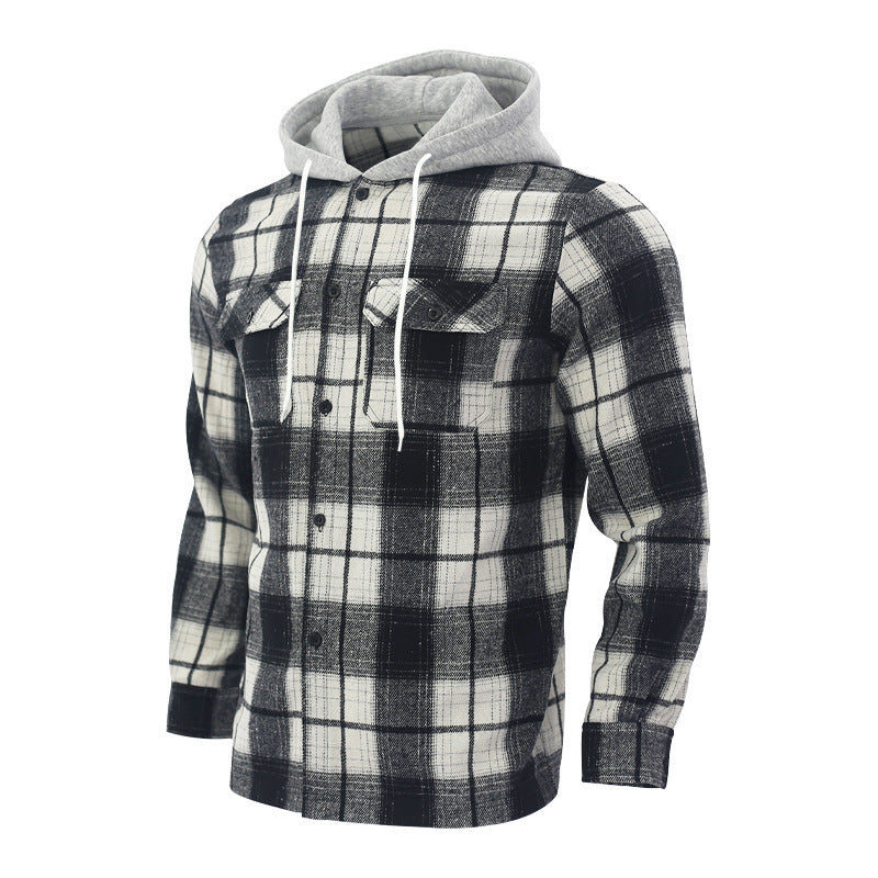 Herren Karierte Flanelljacke mit Hoodie und zwei Brusttaschen Echoarchiv