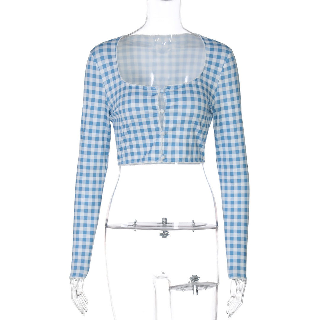 Damen cropped Langarmbluse mit Karomuster Echo Archiv