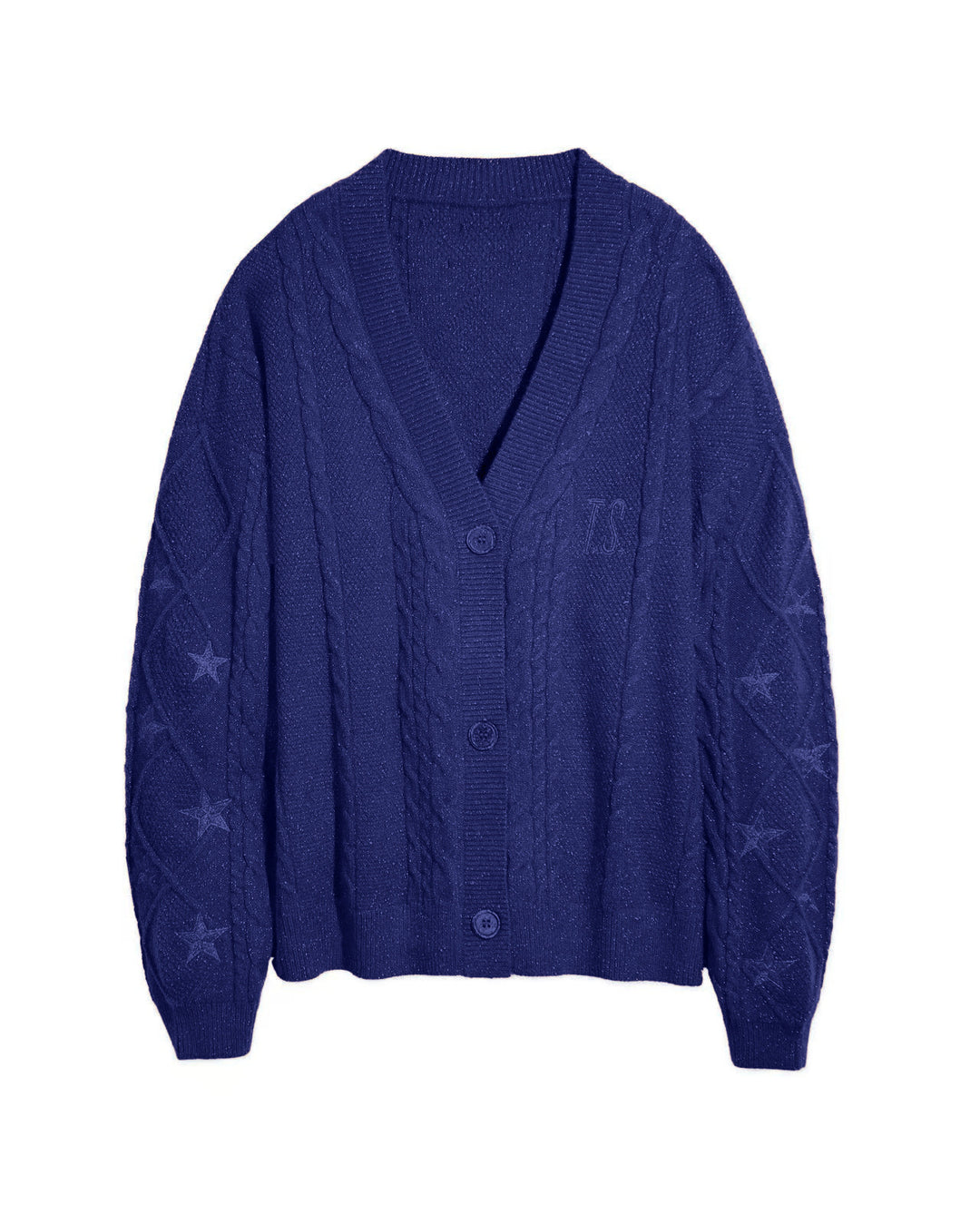 Damen nan großzügiger Grobstrick-Cardigan mit Zopfmuster, V-Ausschnitt und Sternstickereien Echo Archiv