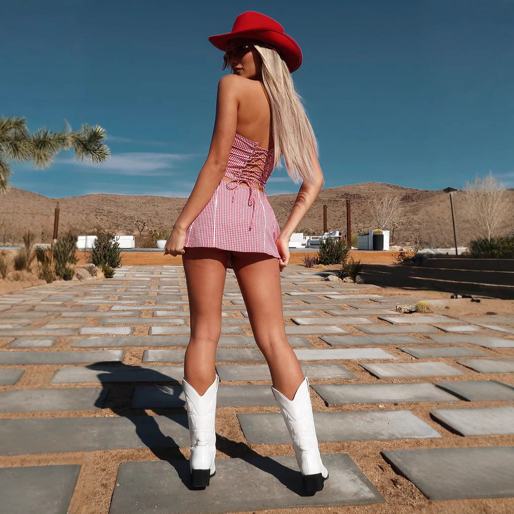 Damen Top und Minirock Set mit karierter Textur und lässigem Schnitt Echo Archiv