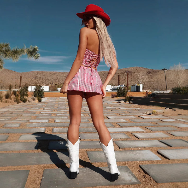 Damen Top und Minirock Set mit karierter Textur und lässigem Schnitt Echo Archiv